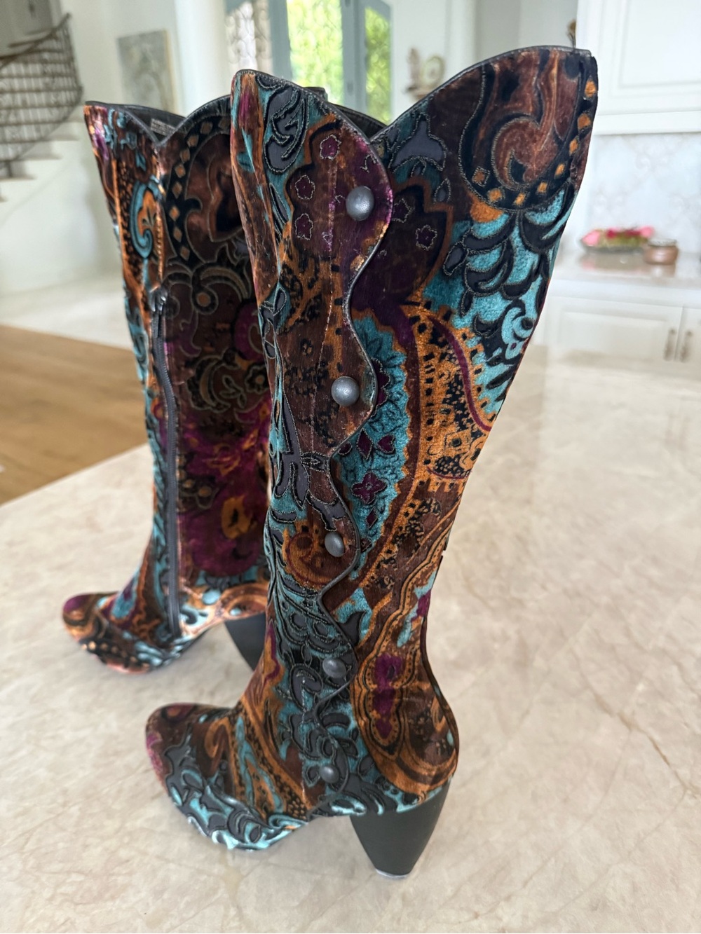 Born Multicolor Velvet Tall Paisley Boot with Stacked Leather Heel - Picture 8 of 14